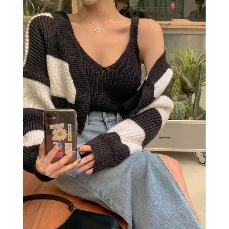 Fashion Women Tank Top Stripe Knitted Cardigan Sweater Two 2 Piece Set V Neck Long Sleeve Casual Elegant Short Crop sweaters