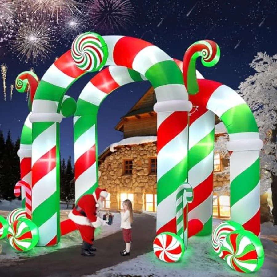 Outdoor Christmas archway inflatable for shopping mall lawn use, PVC material, red and white color, LED-lit stereoscopic candy