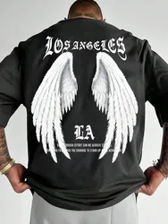 Men with Wings & Letter Graphic Printed T-shirt Design Sense Short Sleeve Casual Fashion Trend Summer New Wear Men's T-shirt