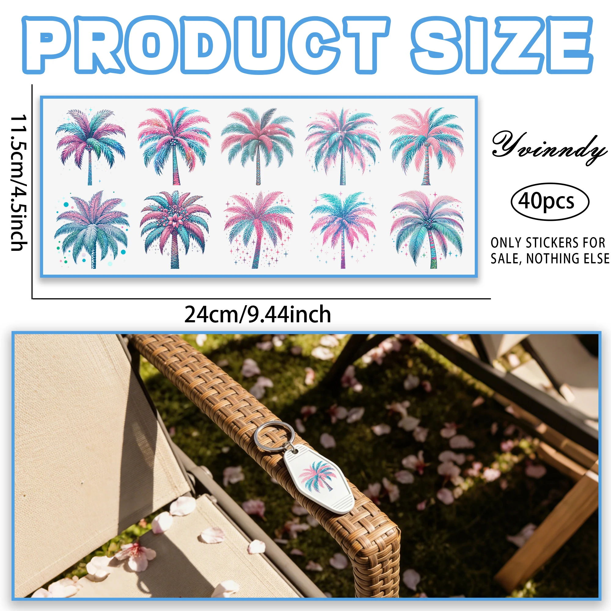 40Pcs/Set Summer Palm Trees UV DTF Transfer Sticker DIY Craft Kits With Crystal Label 16oz Glass Jars Wrap Stickers On Mug view 3
