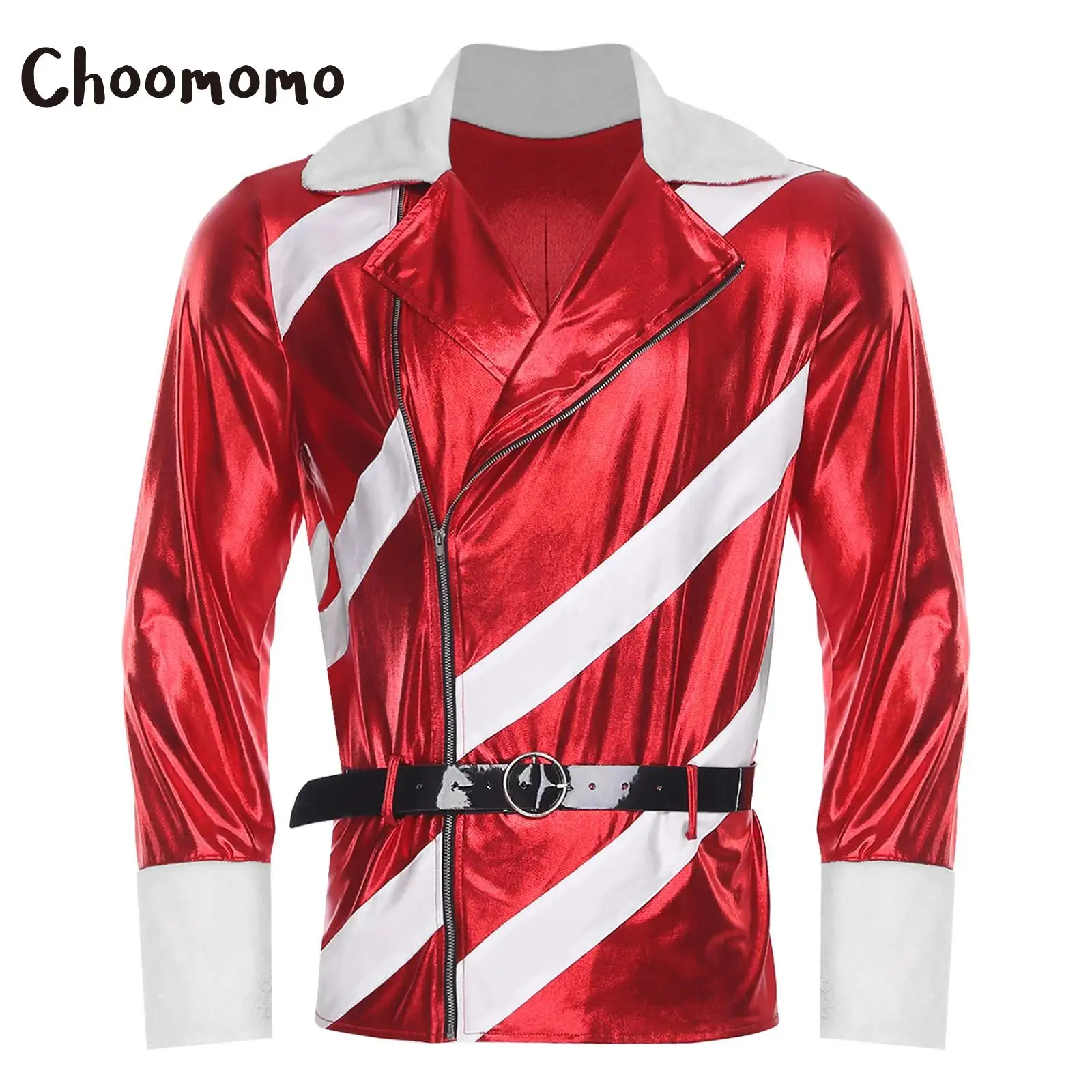 سترة رجالي لعيد الميلاد سانتا كلوز لعيد الميلاد بياقة مدببة وأكمام طويلة معطف معدني مخطط مع حزام من الجلد الصناعي قابل للتعديل #1