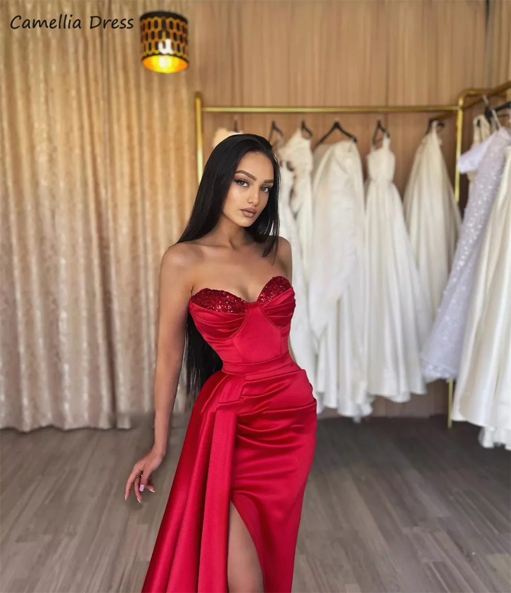 Elegant Red Mermaid Evening Dresses Off Shoulder Side Slit Bodycon Celebrity Prom Dress Dubai Pleated Formal Gown فستان سهرة