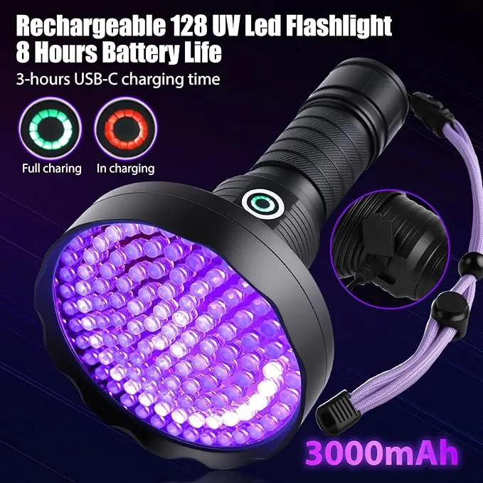 TOPCOM UV Flashlight 128 LED USB Type-C Rechargeable 20W High Power Pet Urine Detector Scorpions Disc Golf Ball Finder Torch