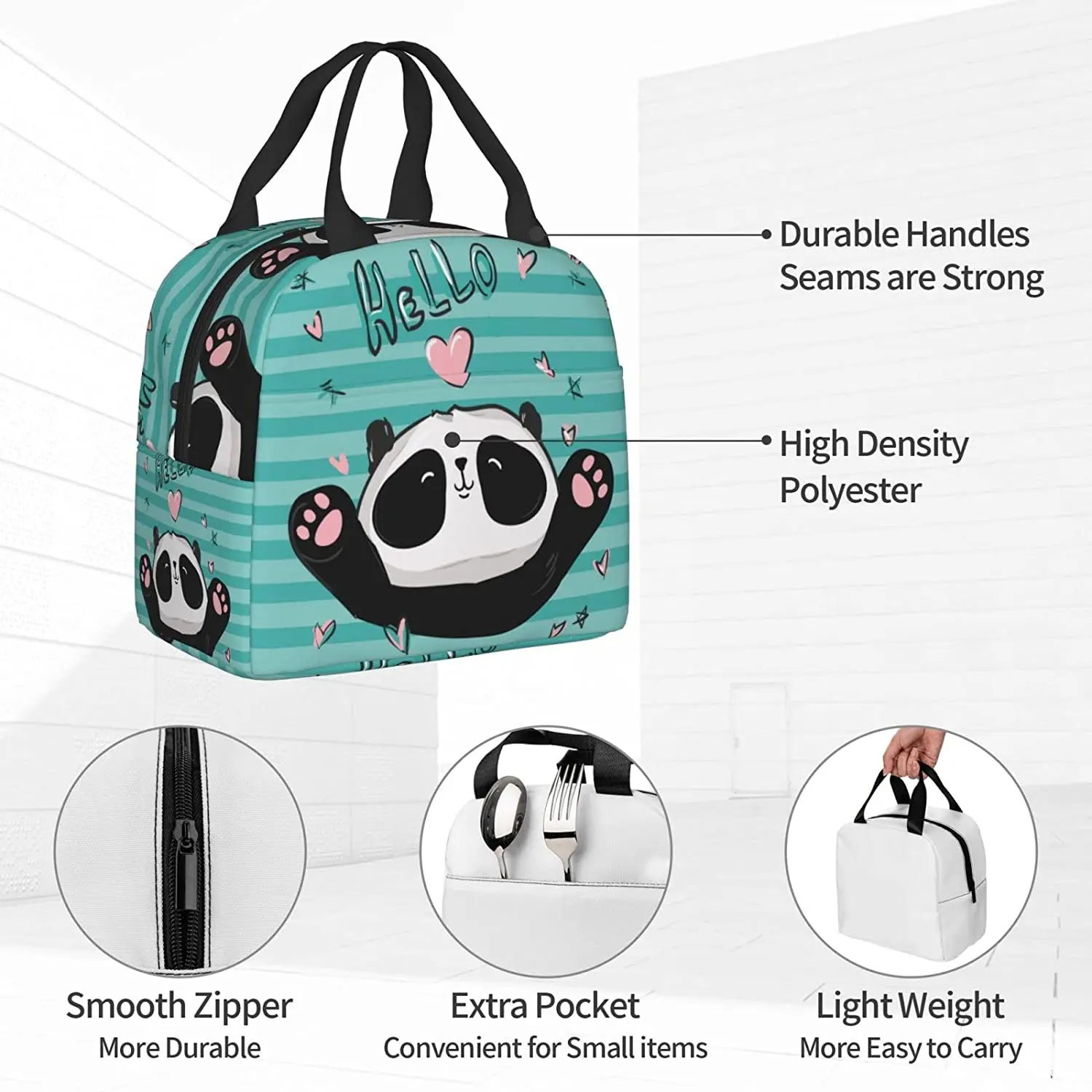 Hello Panda Lunch Box Insulated Lunch Bags for Kids Women Reusable Lunch Tote Bags, Perfect for School/Camping/Beach/Travel