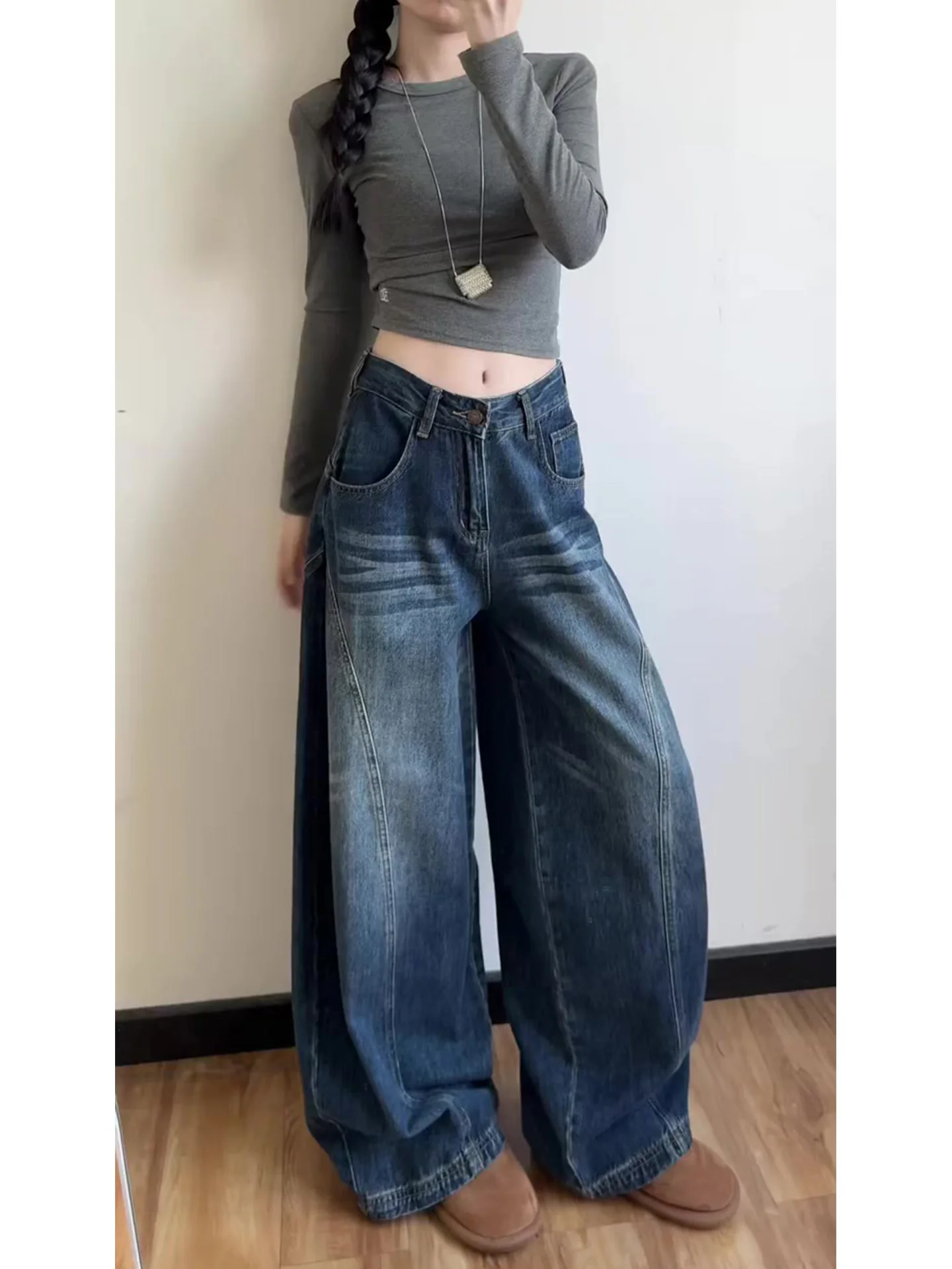 

Retro High Waist Wide Leg Jeans Women's Loose Fit Straight Cut Denim Jeans Summer New Style Lazy Style High Waist Slimming Pants