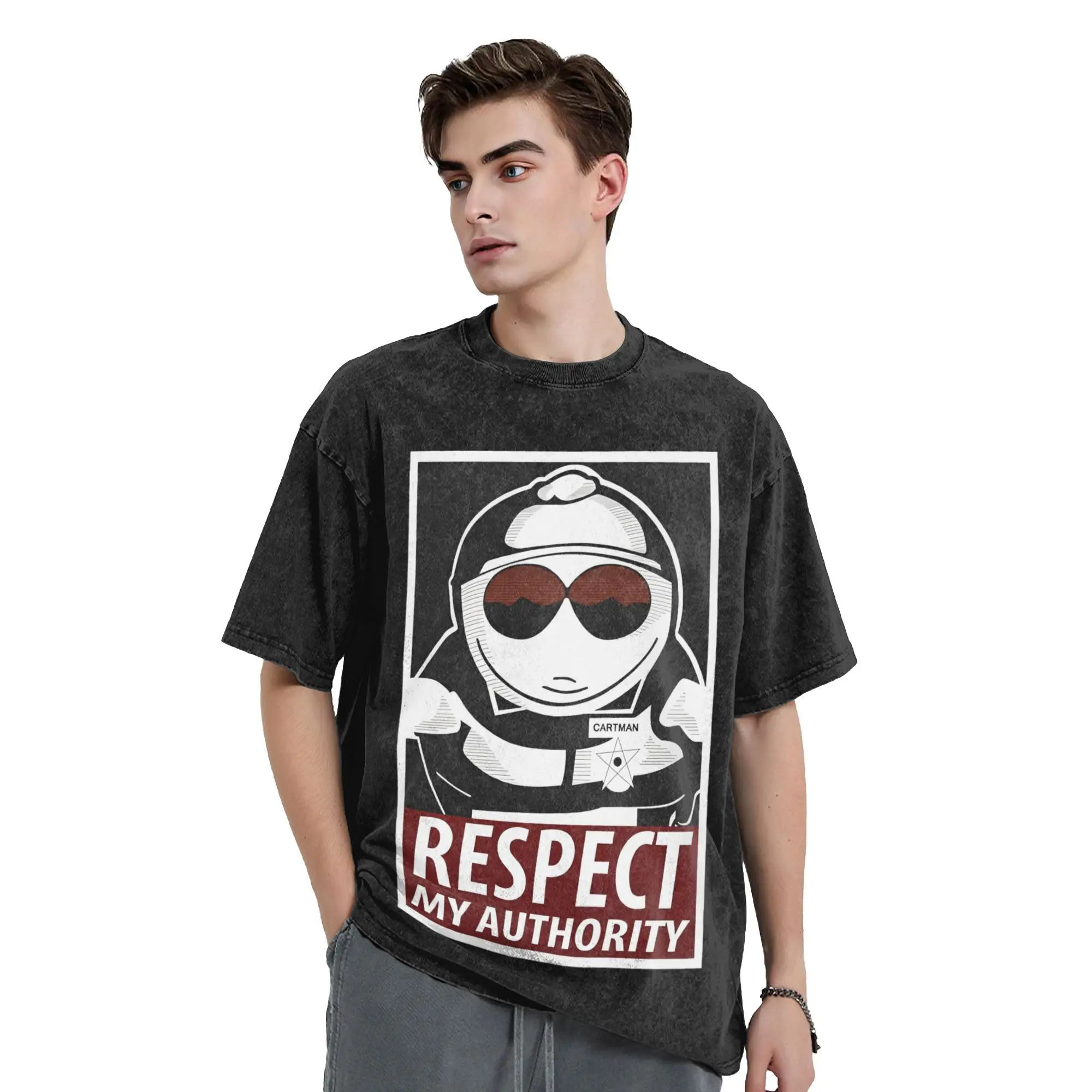 Washed T Shirts Respect My Authority Southparks  Cartman Novelty T-Shirt Oversize  Streetwear Cotton Summer Tops Tops Tees