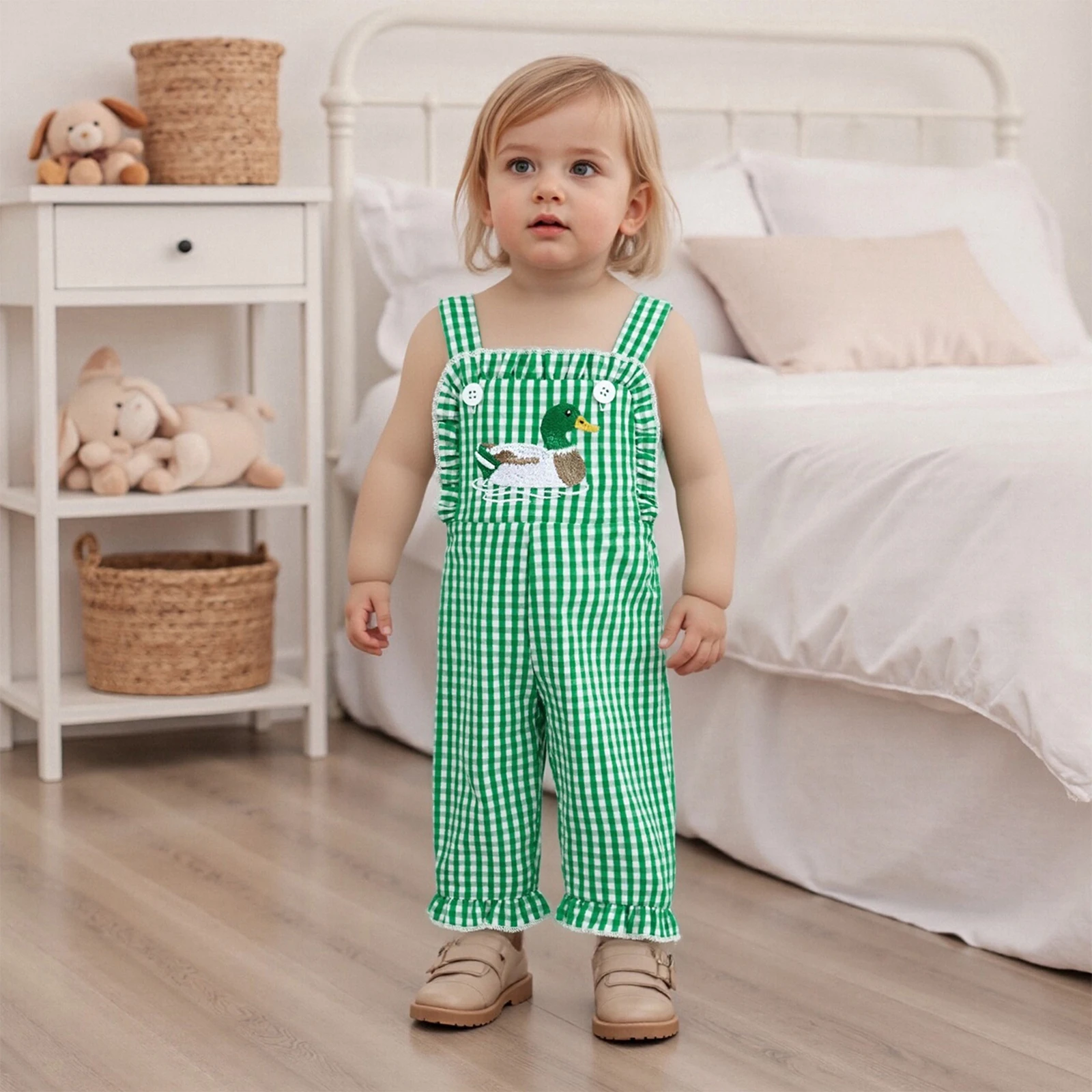 Toddler Baby Girl Plaid Jumpsuit Summer Sleeveless Cute Duck Embroidery Ruffle Decor Overalls