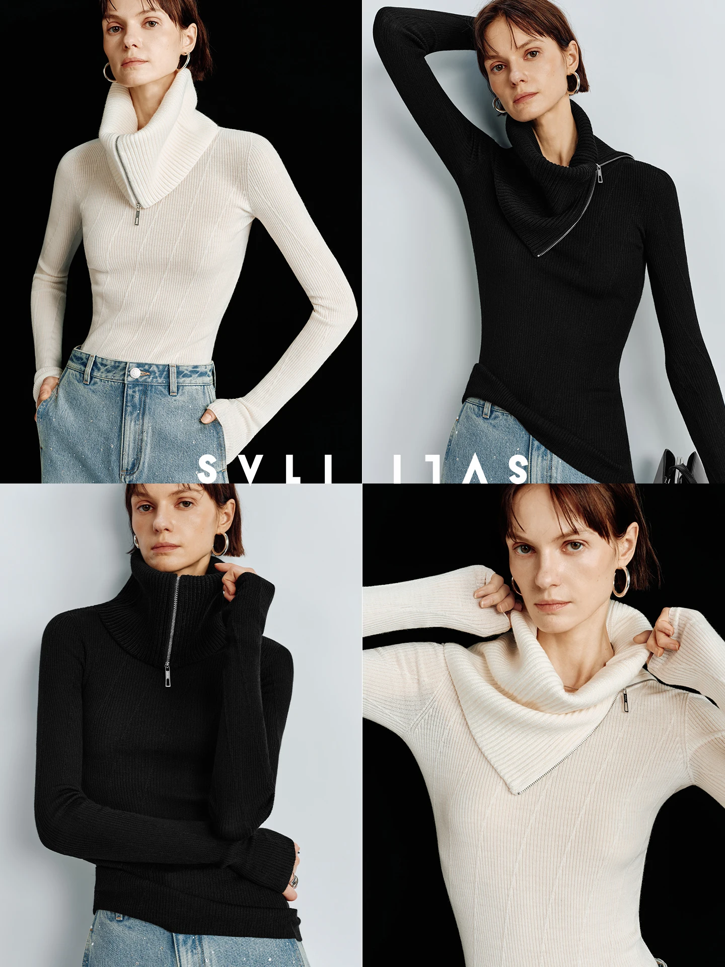 

Sl Knitted Wool Texture Base irt Zipper Ne Warmer Yangzi Yarn Camere Feel Long Sve Women's Inner Wear SVLI