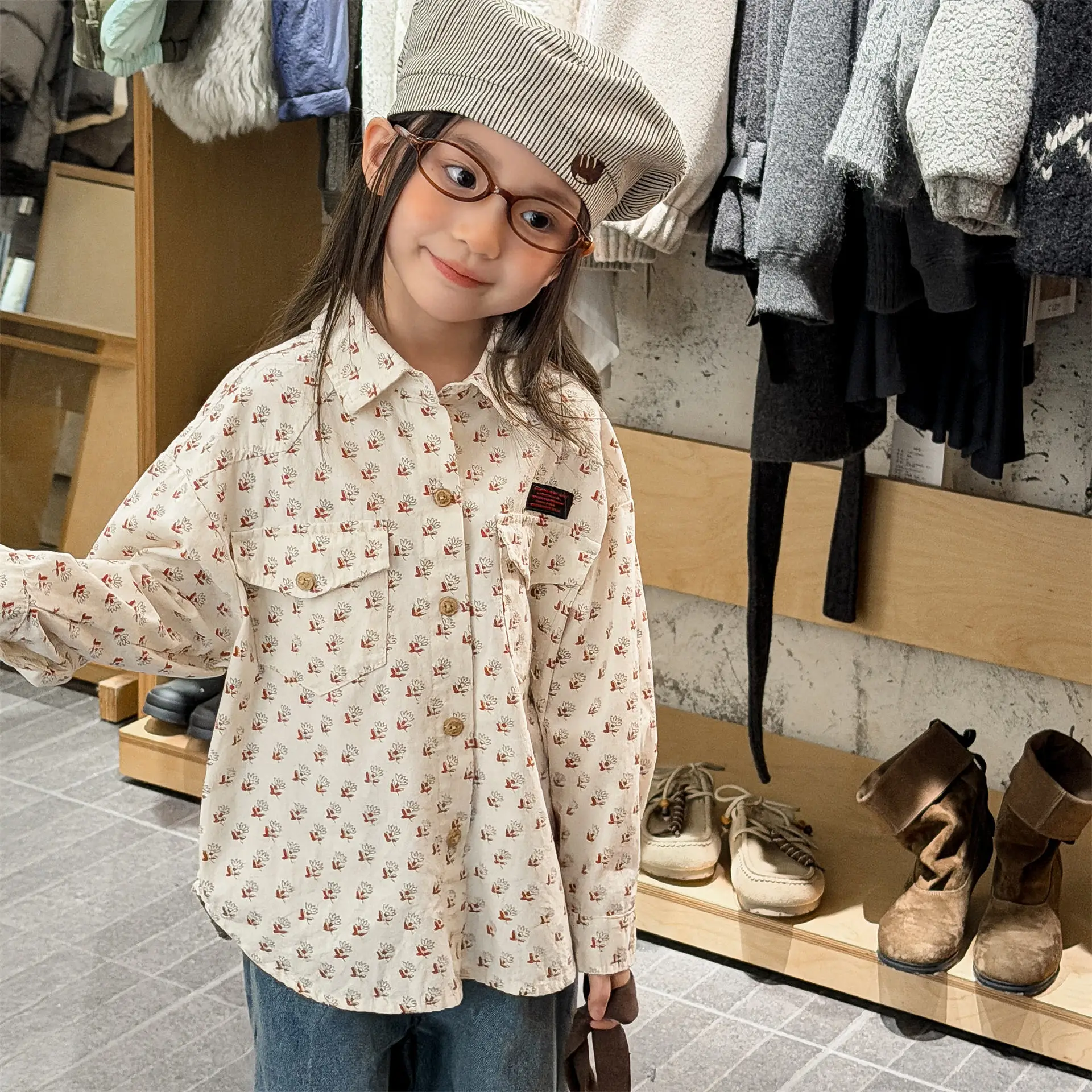 

2026 Spring New Children Long Sleeve Shirts Fashion Print Boys Cotton Tops Lapel Shirts Toddler Girls Casual Coat Kids Clothes