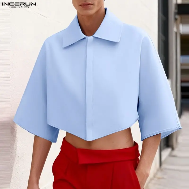 

INCERUN Мужская рубашка, однотонная, с лацканами, с половиной рукавом, свободные повседневные укороченные топы, мужская уличная одежда 2026, модная мужская одежда для отдыха, S-5XL