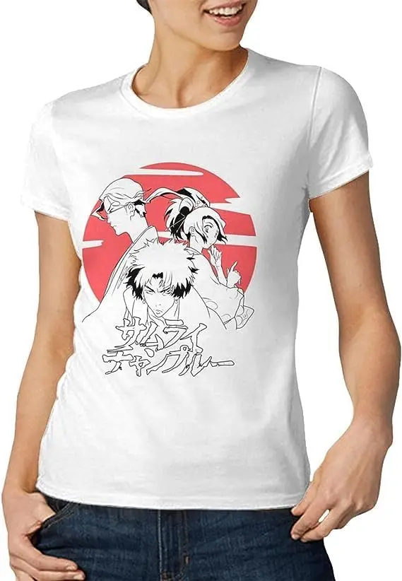 Samurai Anime Champloo Shirt Women's Fashion Short Sleeve Cotton T Shirts Quick Dry Pattern Custom Tee Tops Black