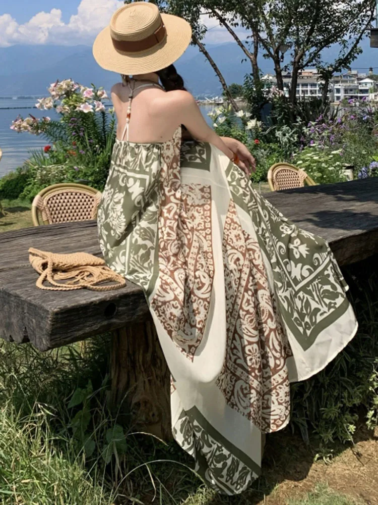 Abito lungo da vacanza Boho con stampa vintage per donna Sexy scollo a V Sling femminile 2025 Abito da spiaggia allentato casual nuova estate