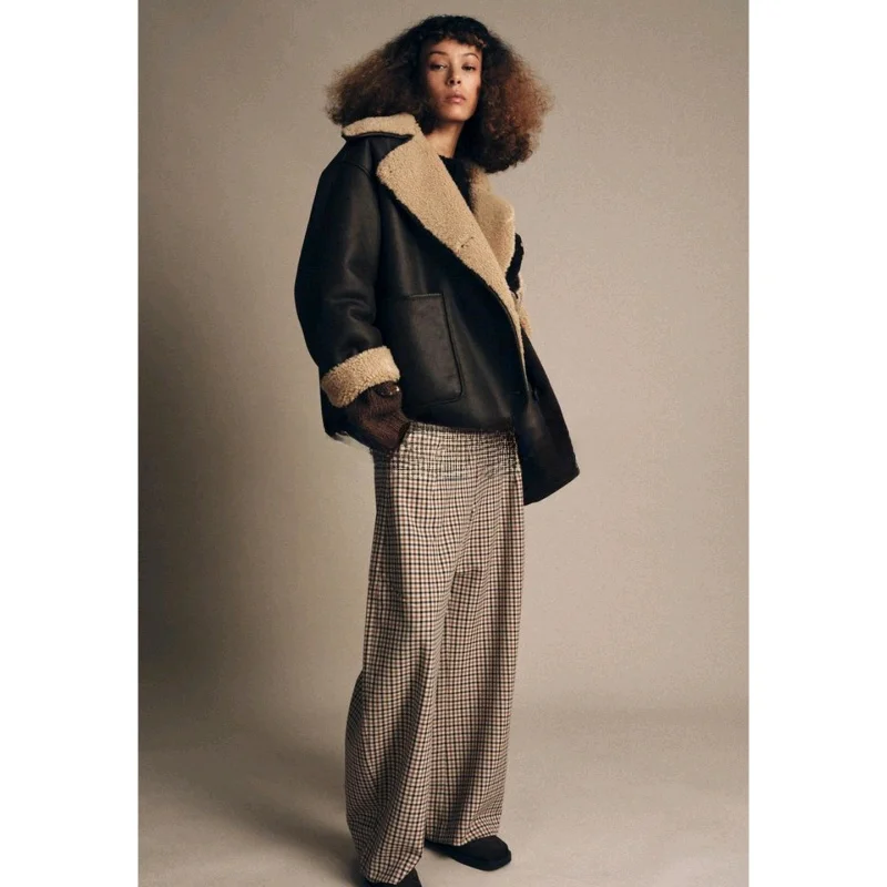 mat Sle Double-Sided Collar Long Sve Jaet Coat New Autumn Women's Faion Single Button PU Leather Polyester