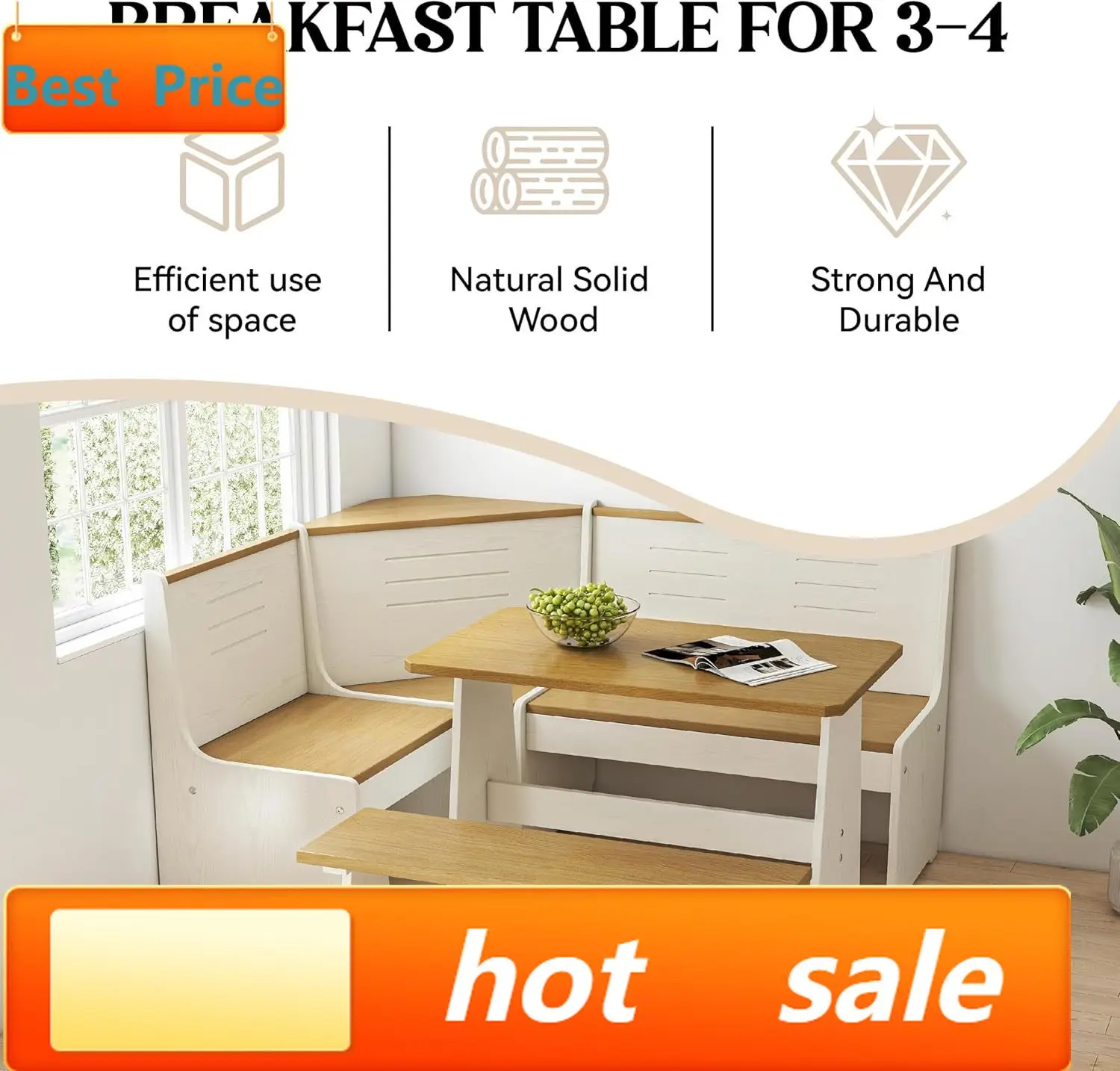 hot-sellingBreakfast Nook Corner Dining Table Kitchen Bench Chair Set, Space-Saving 3-5 People Seat Reversible L-Shape for Famil