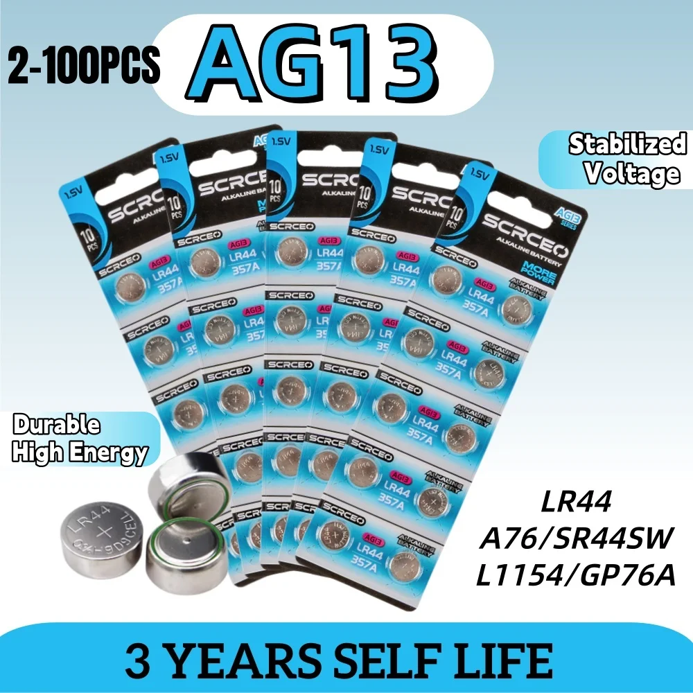

High Capacity 2-100PCS LR44 AG13 1.5V Alkaline Button Battery for Calculators, Watches, Small Electronics