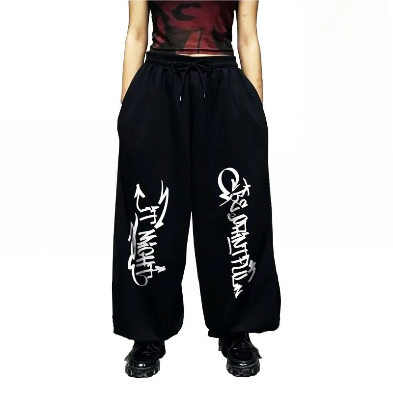 

Свободные спортивные штаны, карман кенгуру, Don't Touch Me, черные прямые брюки с завязками на талии, прямые брюки в стиле хип-хоп