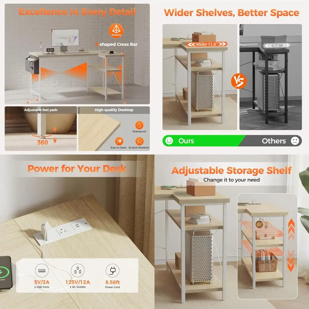 

Compact Corner Gaming Desk with Power Outlets, Space-Saving L-Shaped Desk for Home Office and Study, featuring Reversible Storag