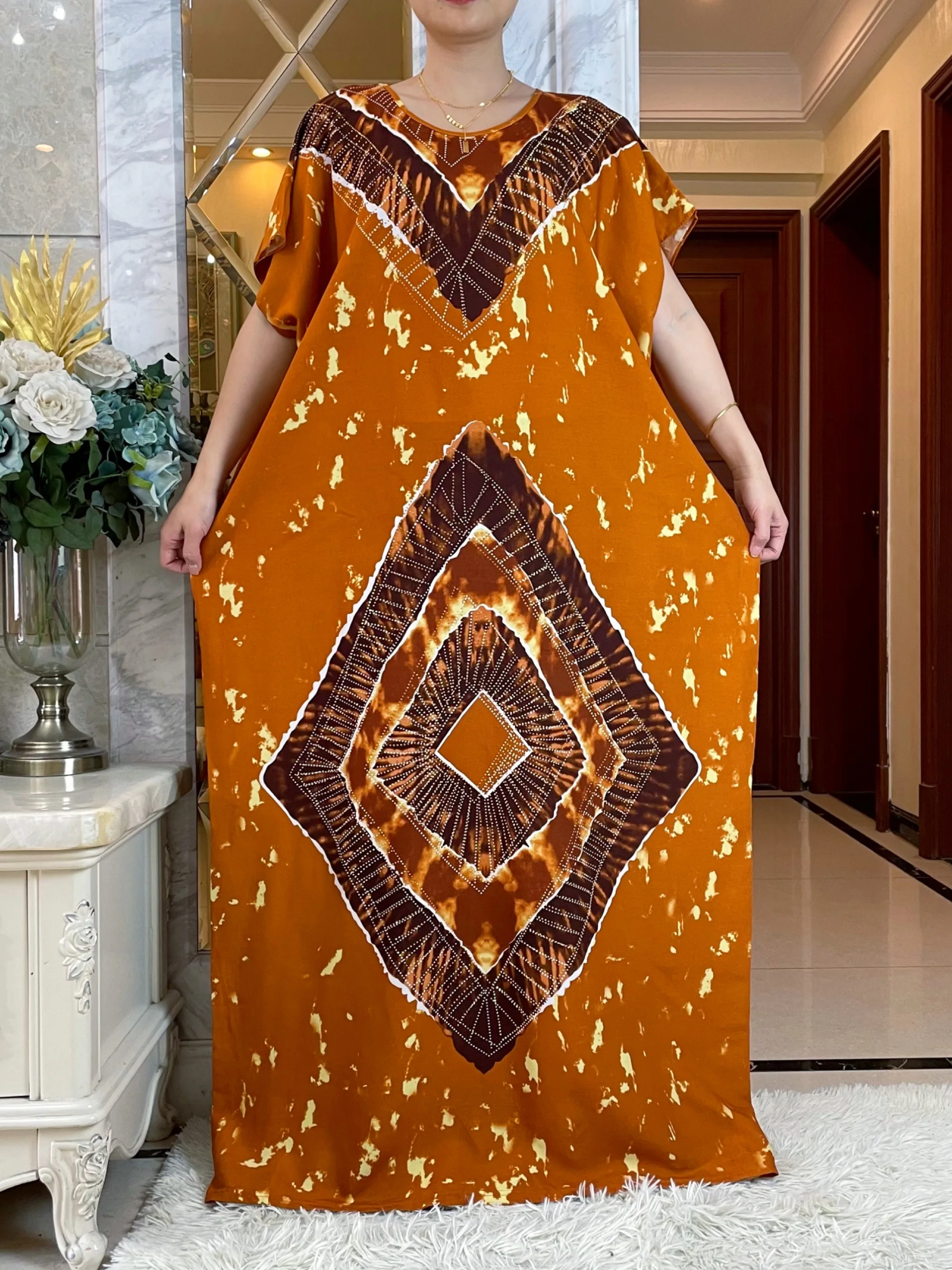 2024Summer Short Sleeve Printing Cotton Dresse With Big Scarf African Dashiki Floral  Loose Caftan Lady  Maxi Casual Vestidos