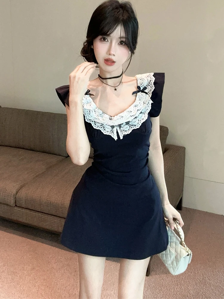 2025 Zwart Patchwork Kant Boog Slash Hals Sexy Mini Jurk Vrouwen Vintage Bodycon Hip Wrap Jurk Zomer Koreaanse Elegante Feestjurk