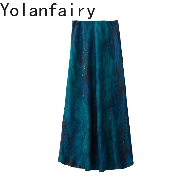 YOLANFAIRY Deep Sea Blue 100% Mulberry Silk Skirts for Women Formal Mermaid Skirt Luxury Watered Gauze Skirts Long Elegant юбки