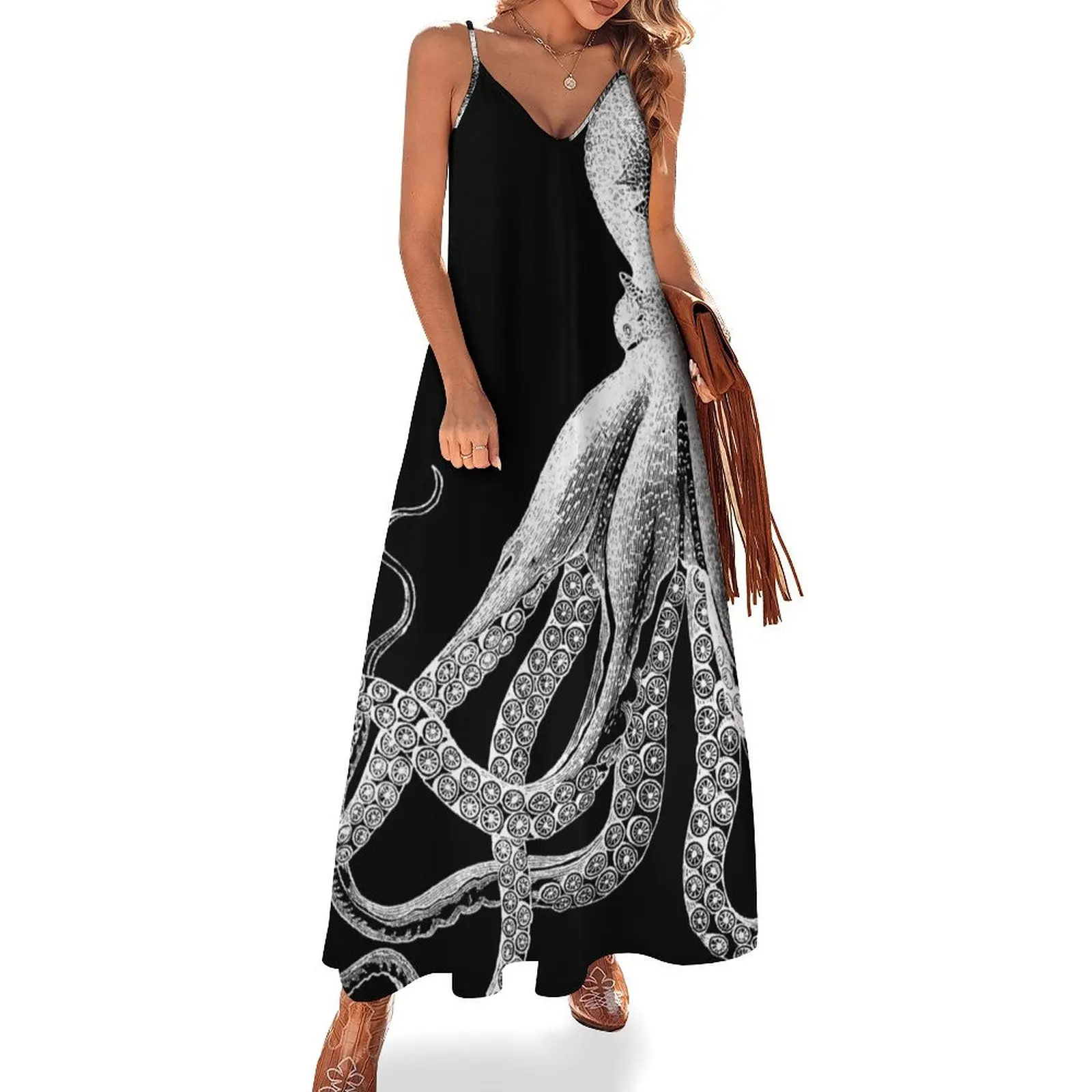 Octopus Vintage Octopus Tentacles Sea Creatures Nautical Ocean Sea Beach Black and White Sleeveless Dress bandage dress