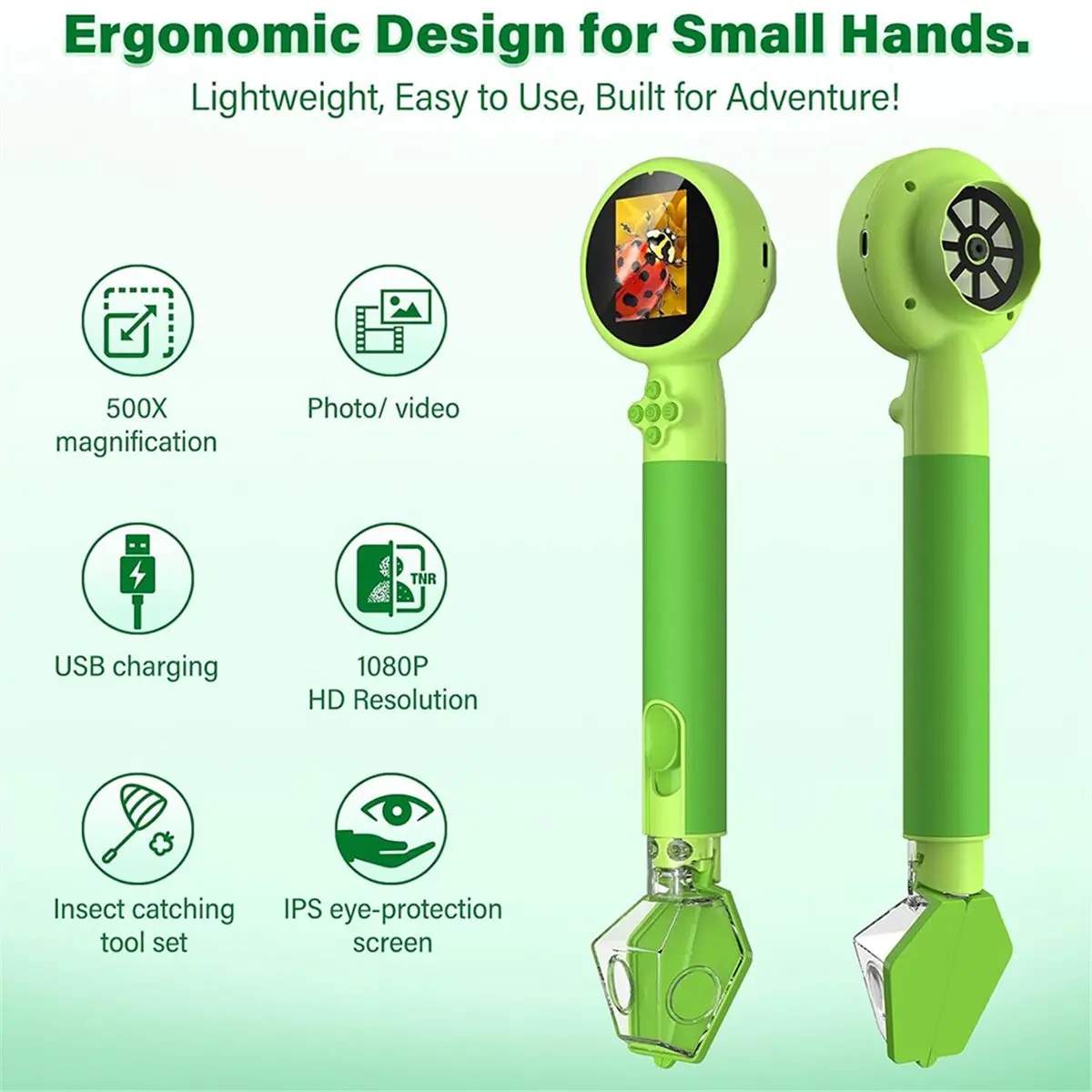 A48U Kids Microscope with Bug Catcher Kit,1080P Digital Mini Handheld Microscope STEM Science Toy with LED Light Green