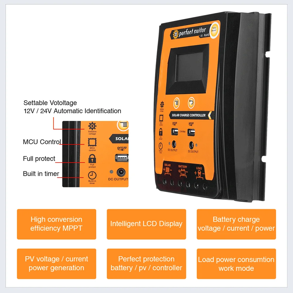 Solar Charge Controller 12V 24V 30A 50A 70A PVSC Solar System Control PV Cell Controller Battery Regulator USB 5V DC 12V Output