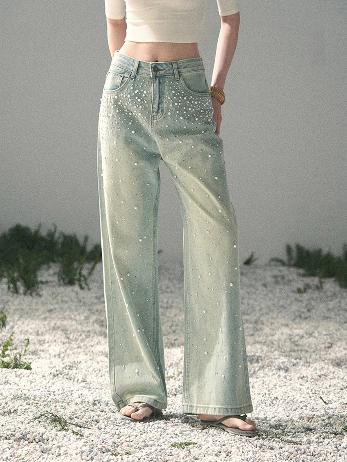 

AOMALM Blue Striped Light Dot American Sle Straight Leg Wide Leg Pants Women's Jeans High Waist Cotton Spring Season