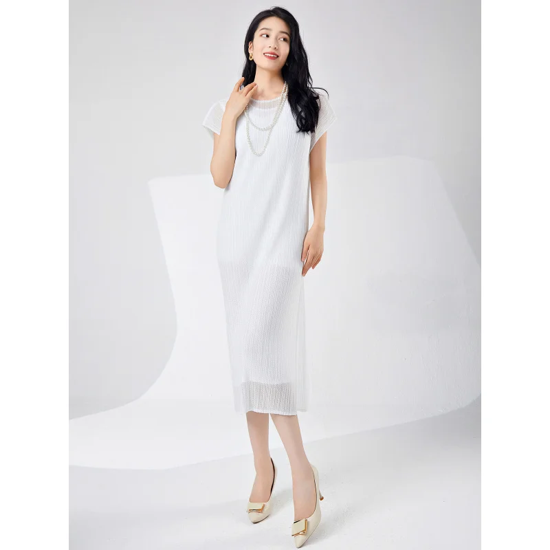 Miyake fada charme vestido feminino malha macia dupla camada respirável branco simples moda saia midi plissada [24321zsj-9947]