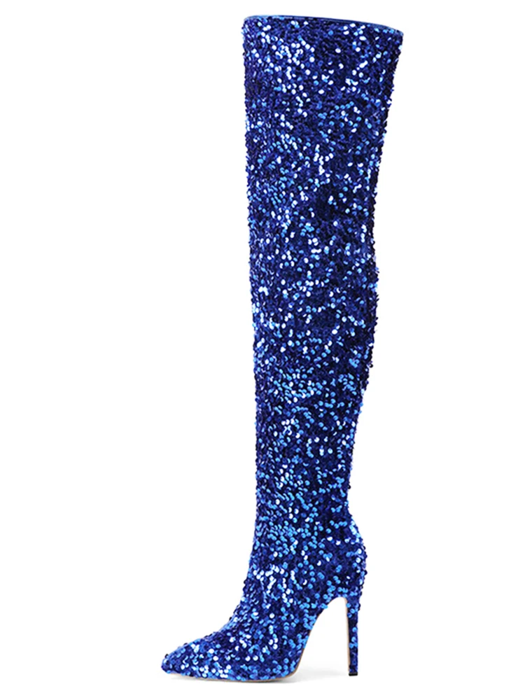 Grande taille 46 Blingbling sur le genou bottes longues pour les femmes 11CM pointu paillettes chaussures discothèque Club Sexy cuissardes bottes à talons hauts