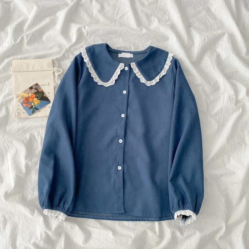 Camisas femininas design rendas retalhos doces cores moda high street botão-up manga longa peter pan colarinho blusas meninas