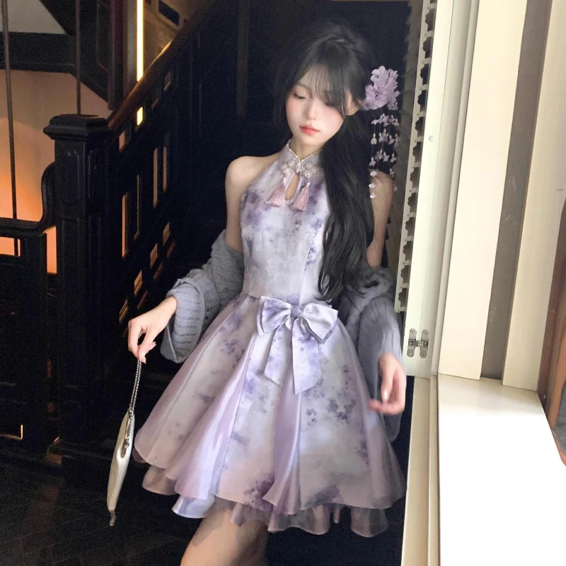 Chinesisches Hanfu-Kleid im süßen Stil für Damen, Kawaii, niedlich, lila, bedruckt, mit Schleife, schmal geschnitten, Cheongsam-Kleider, Retro, elegant, Prinzessinnen-Tee-Party-Kleid