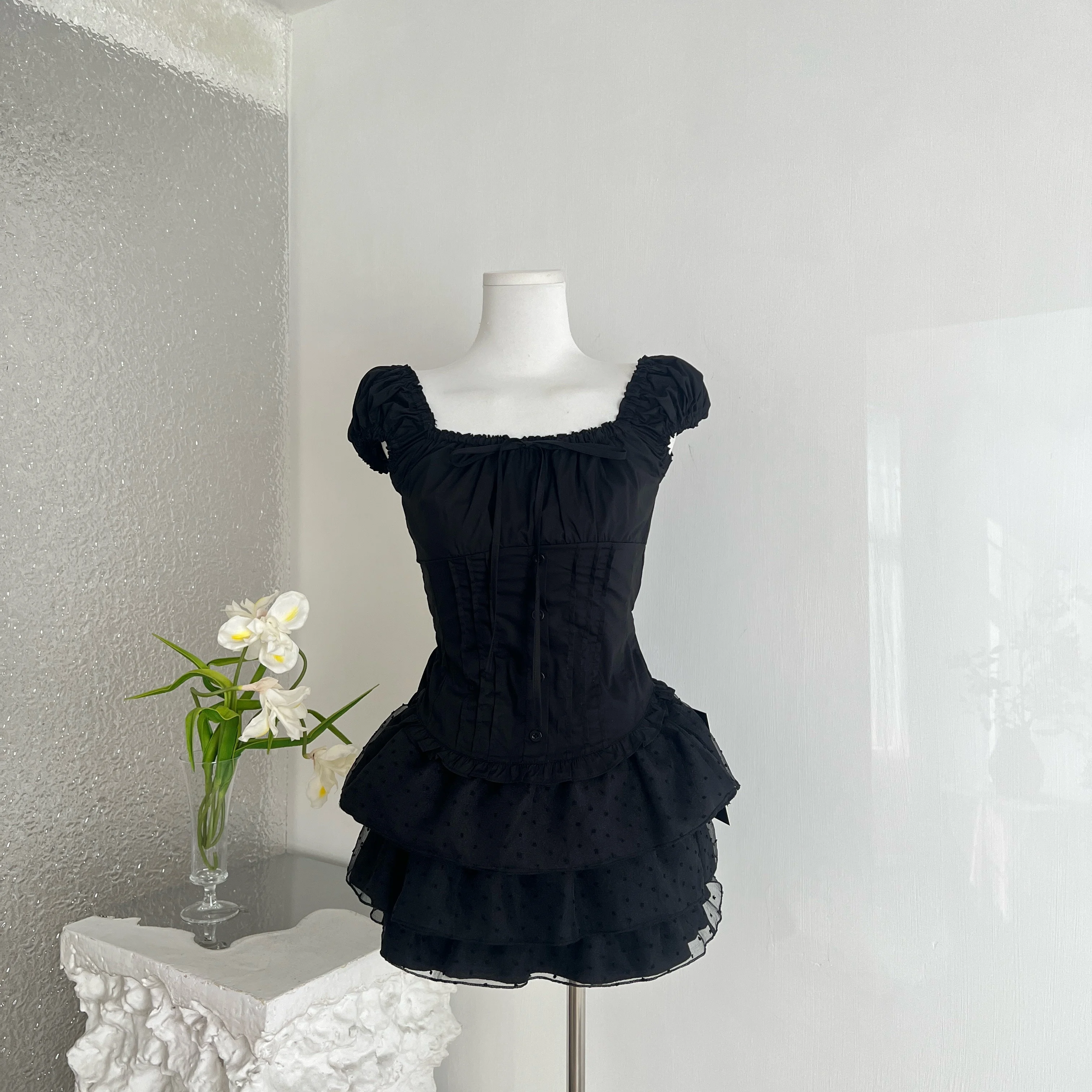 Bow Lace Shirt Set Hollow Out Square Collar One Shoulder Bubble Sleeve Ladies Vacation Elegant Wear
