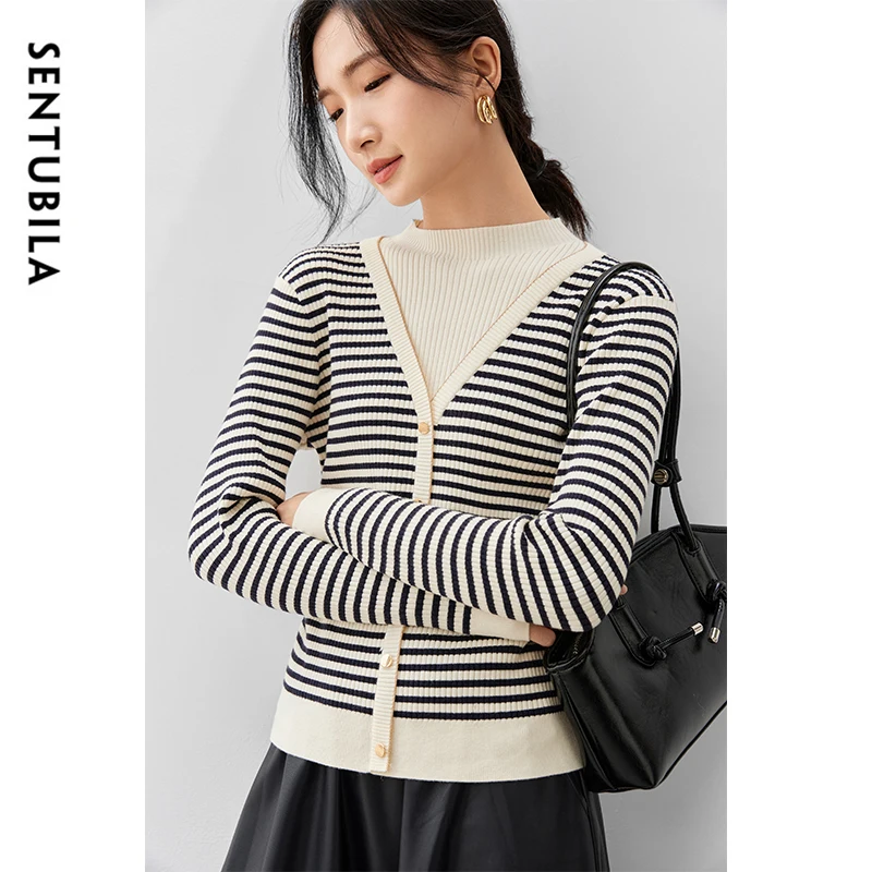 

SENTUBILA Spliced Striped 2 in 1 Cardigan for Women 2024 Autumn Casual Loose Stand Neck Long Sleeve Women Clothing W43E56737