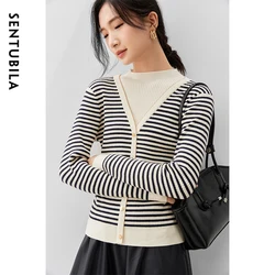 SENTUBILA Spliced Striped 2 w 1 Cardigan for Women 2024 Autumn Casual Loose Stand Neck Long Sleeve Odzież damska W43E56737