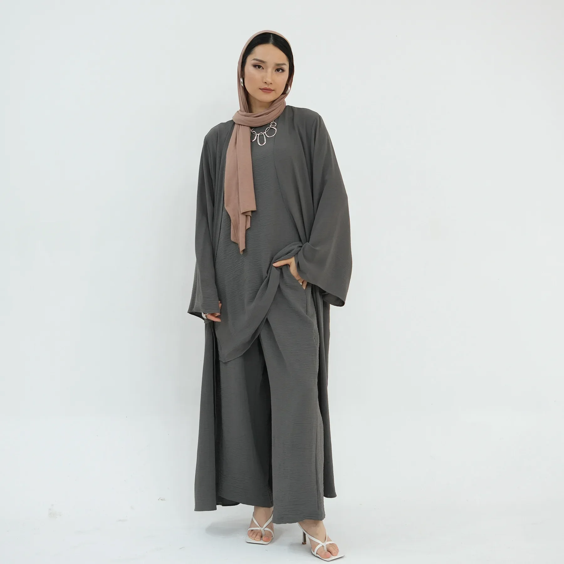 Donne musulmane Set coordinato Kimono aperto Top + Pantaloni 2 pezzi Vestito Abiti islamici Dubai Turchia Abaya Kebaya Caftano Eid Djellaba