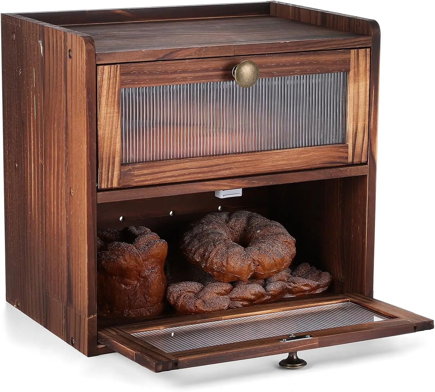 

Double Layer Wooden Bread Box with Magnetic Closure, Vintage Kitchen Storage Container for Freshness - 14.3x13.3x9.4 Inch