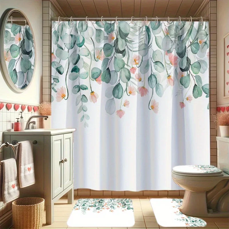 Il set da bagno da 4 pezzi con stampa floreale verde fresco include una tenda da doccia, un tappetino antiscivolo, un copriwater, un tappetino a forma di U