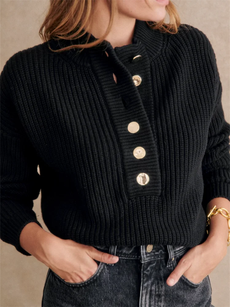 Female O-Neck Loose Pullover Knitwear Top Long Sleeve Half Open Button French Women Striped Ribbed Knit Sweater Autumn Winter