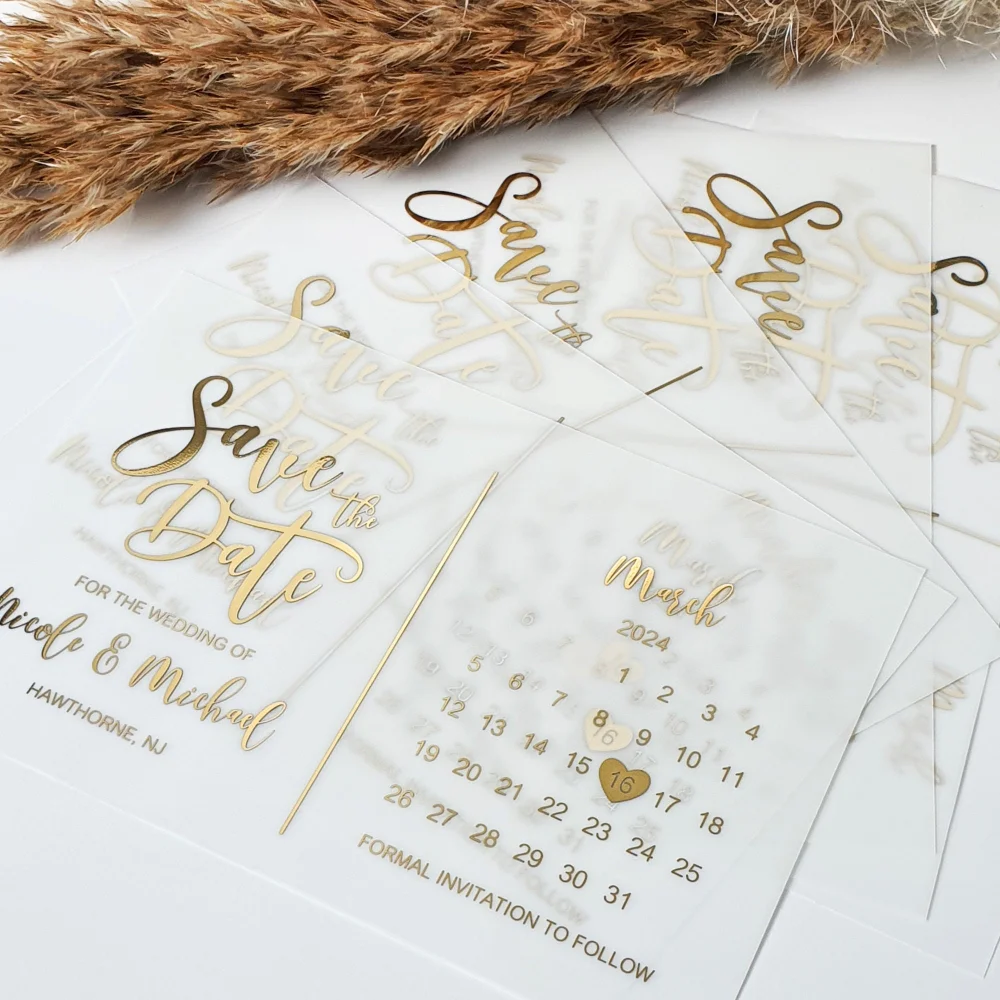 Gold Foil Calendar Luxury Wedding Invitation Couple\'s Name Custom Elegant Party Invite Save The Date Card  Vellum