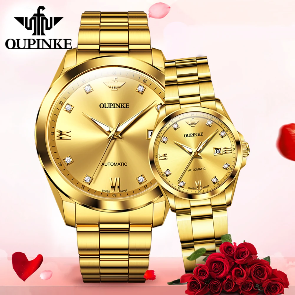 OUPINKE 3199 Real Diamond Couple Watch for Men Women Top Swiss Movement Automatic Mehcanical Wristwatch Luxury Lover's Watch Set