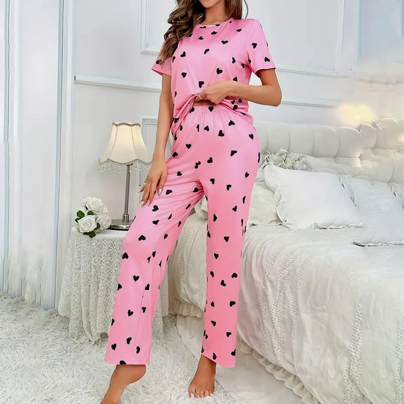 Women\'s Sleepwear Love Printed Short Sleeved T-shirt and Trousers Pajamas Set Casual Homewear Soft Comfortable Pyjamas Femme Pjs