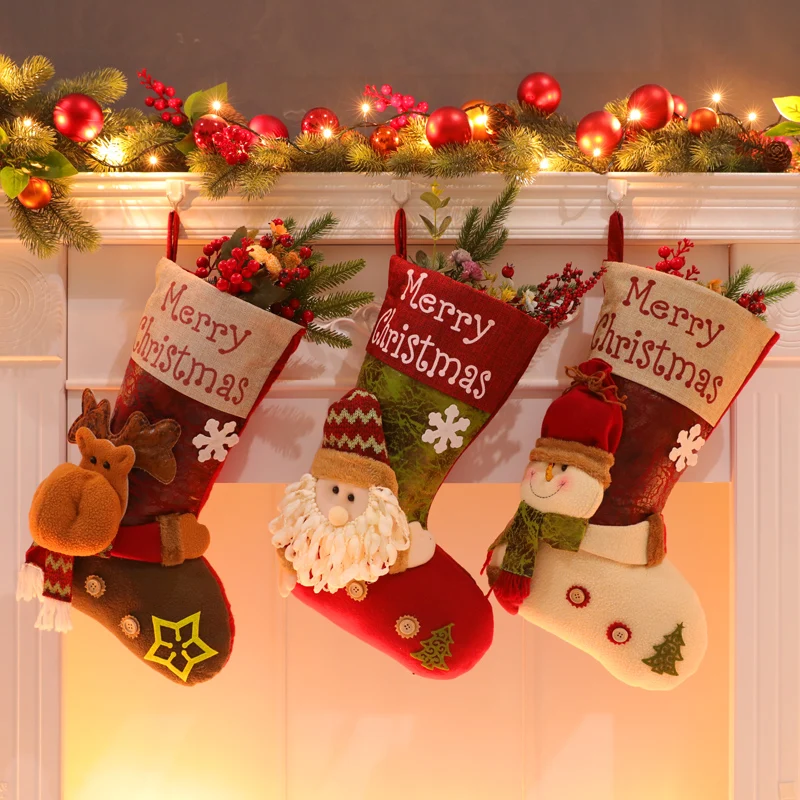 

Christmas Stocking Large Xmas Gift Bags Fireplace Decoration Socks New Year Candy Holder Christmas Decor 4pc/lot