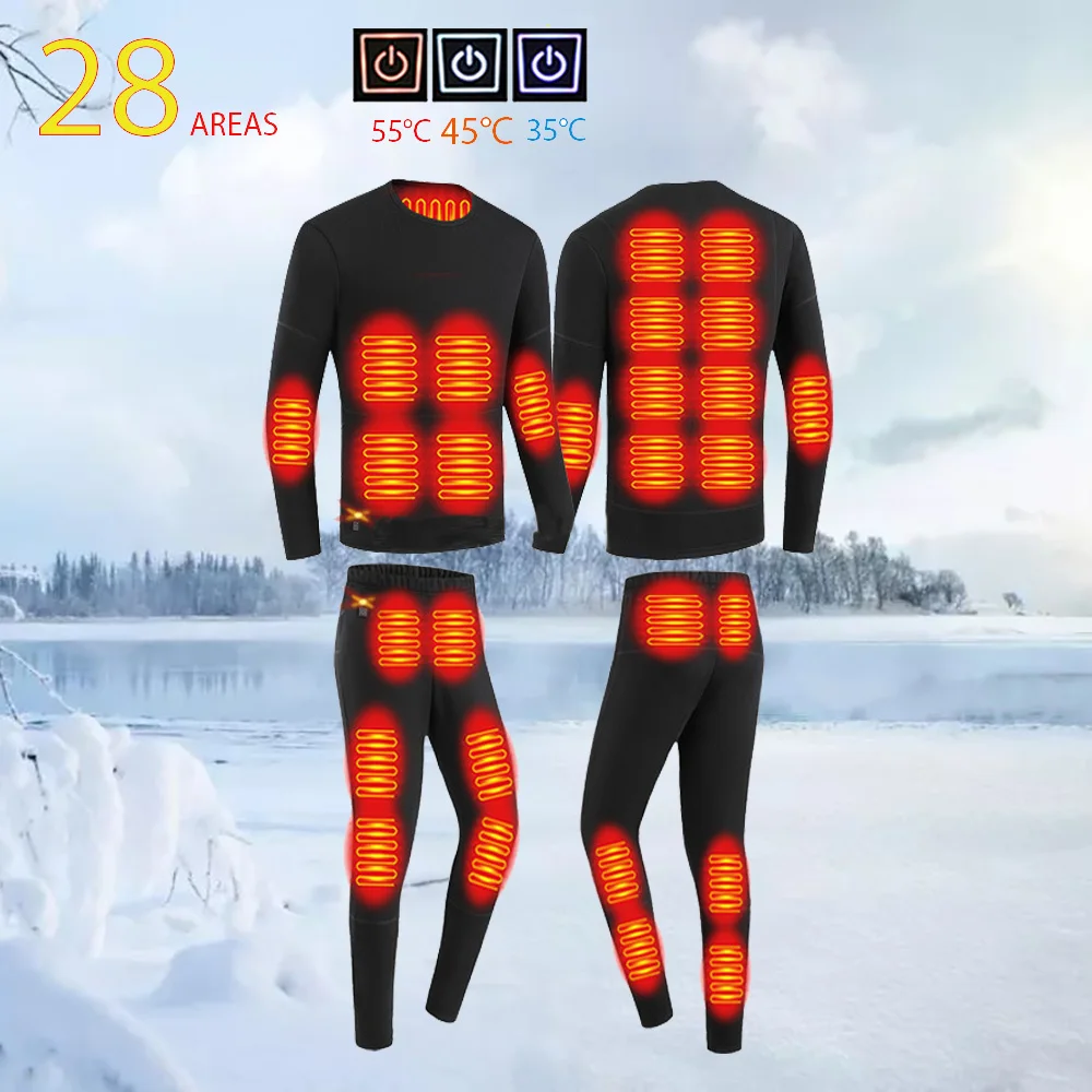 Winter Heated Thermal Underwear Men Heating Jacket Skiwear Heated Jacket Fleece Warm Top Pants USB Electric Heating Clothing