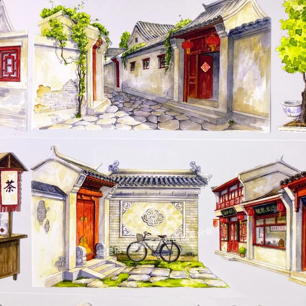 Old Beijing Memory PET Tape Sample, Ancient Architecture Building DIY Stickers for Journaling Scrapbooking Shaker Card Making