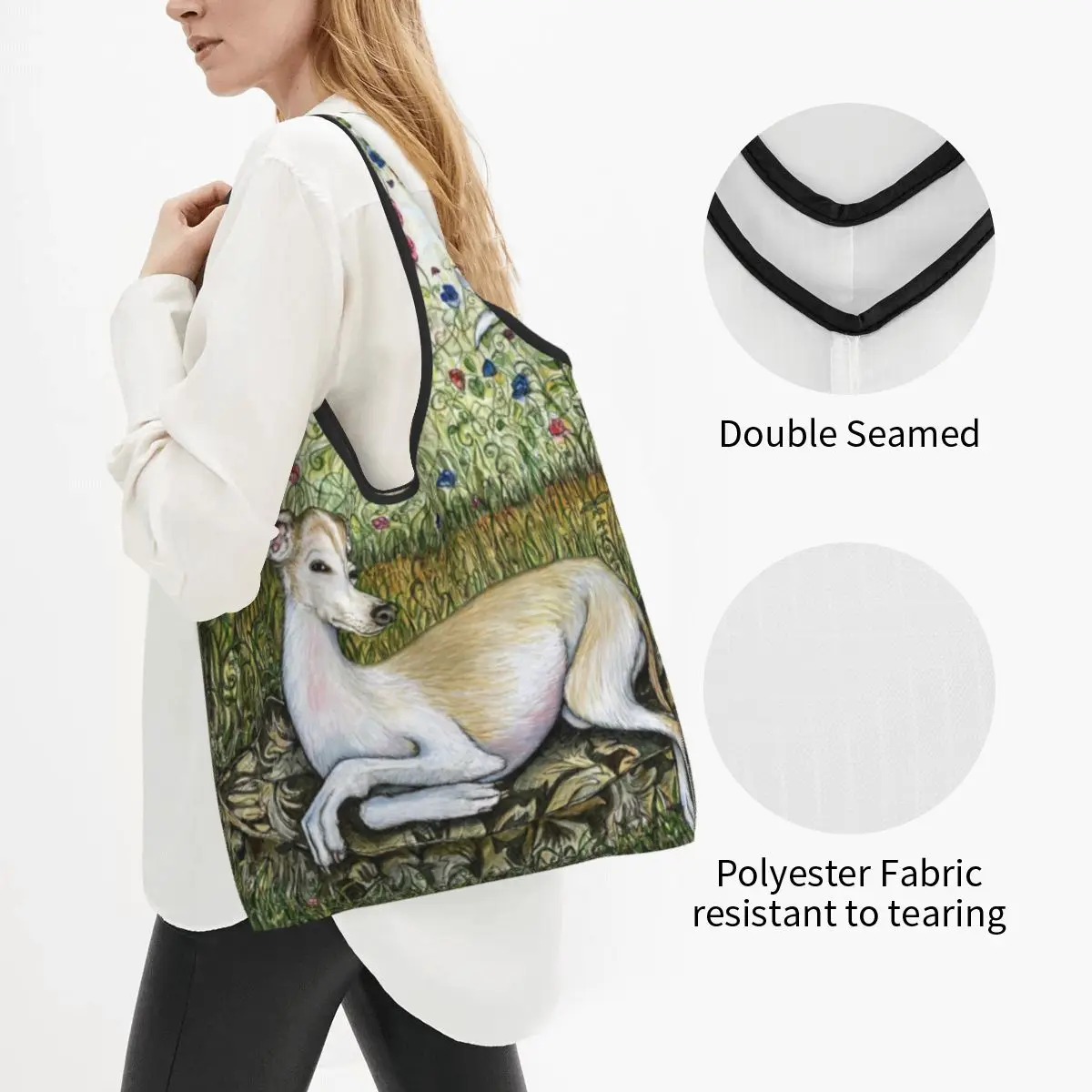 Custom Greyhound Whippet Dog In Garden Shopping Bag Women Portable Big Capacity Grocery Sighthound Shopper Tote Bags