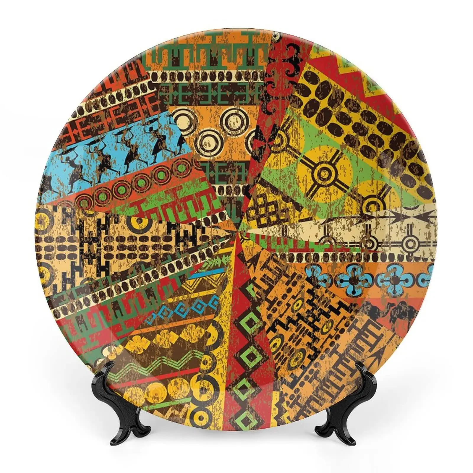 African Pattern Ceramic Hanging Decorative Plate, Abstract Art Diagonal Lines Pattern, Living Room Kitchen Decoration Household