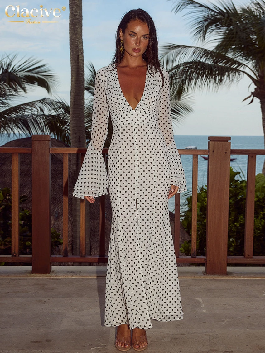 

Clacive Sexy Slim Print Women's Dress 2025 Fashion V-Neck Long Sleeve Ankle Length Dresses Elegant Classic Slit Female Dress