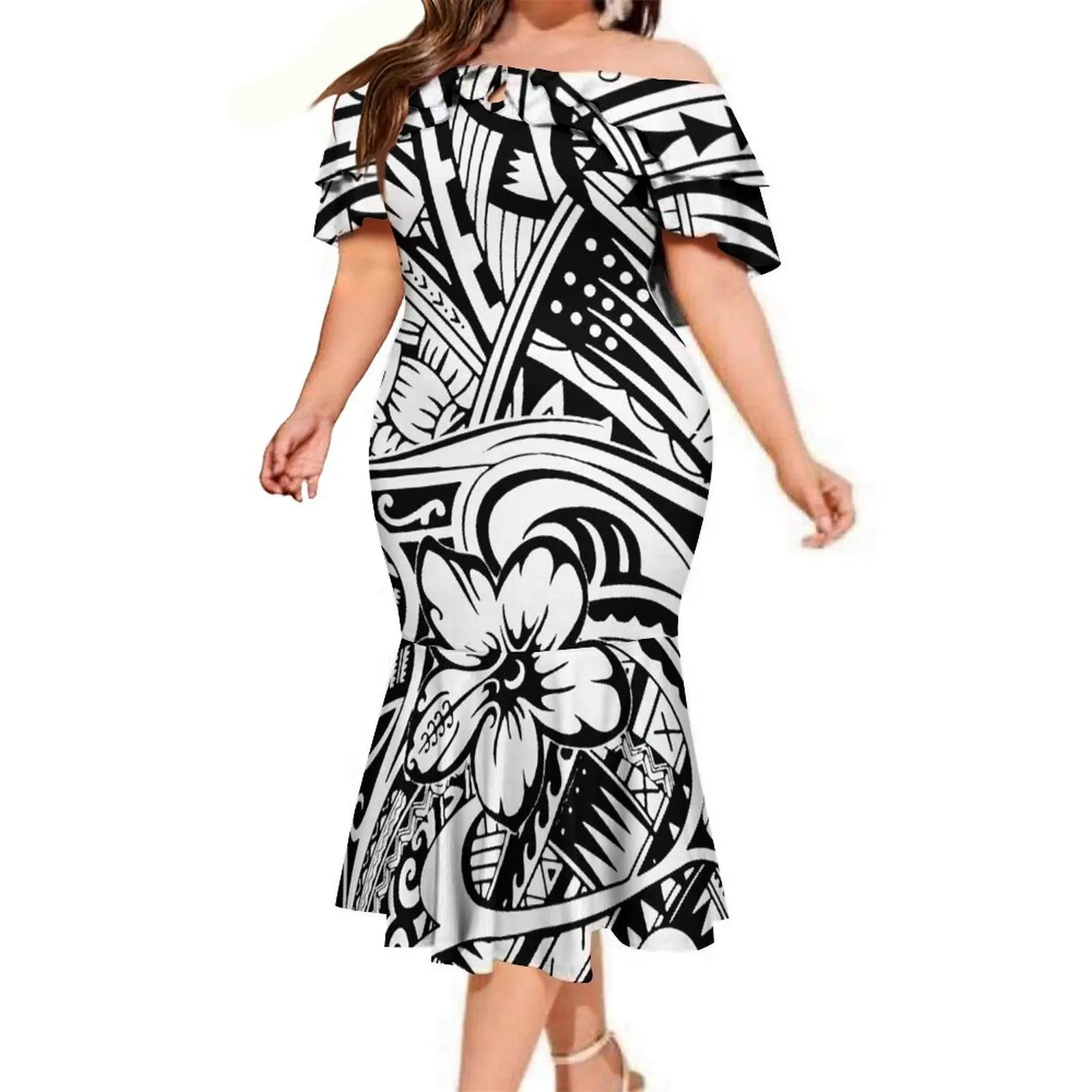High-Quality Hawaiian Floral Print Polynesian Island Samoan Women'S Off-The-Shoulder Dress, Cocktail Party Fishtail Long Dress