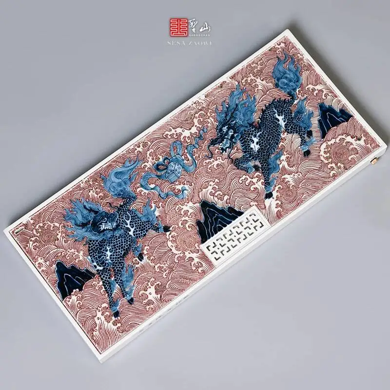 Chen Tong's Work: Ming-Style Blue White Underglaze Red Ceramic Tea Tray With The Motif Of A Dragon Spitting Out Jade, Made In